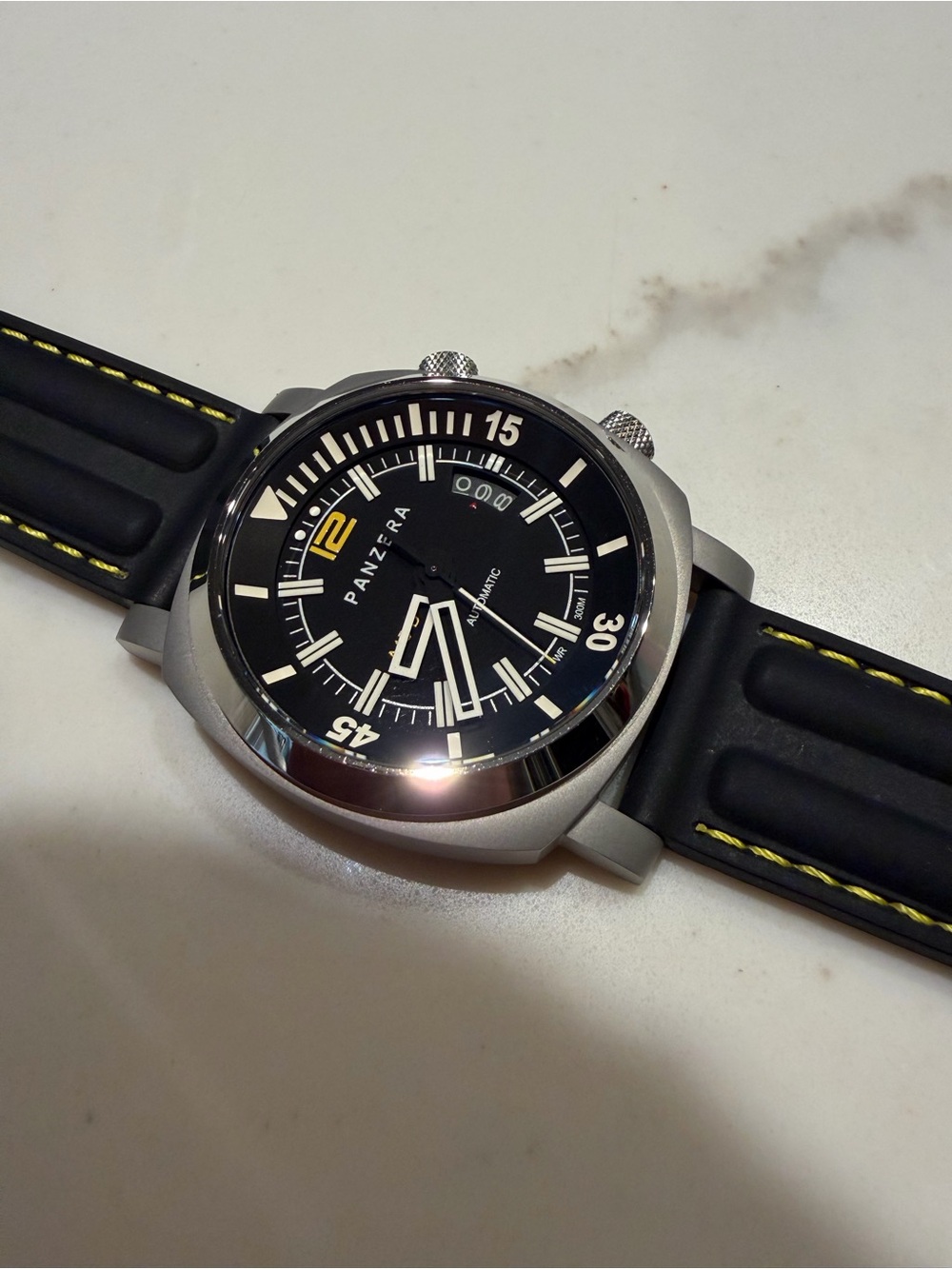 Men's Black Dial Automatic Watch with Yellow Accents